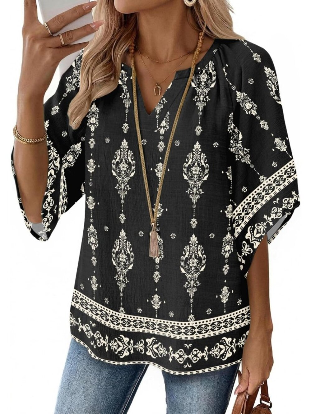 Womens Tops 3/4 Sleeve V Neck Bohemian Blouses Casual Tunic